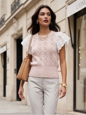 Rails Pink Knit Pullover Sweater White Eyelet Flutter Sleeves S